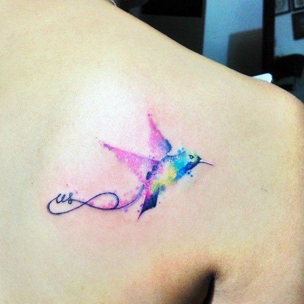 Sparkling Rainbow Hummingbird Tattoo With Infinity Tattoo