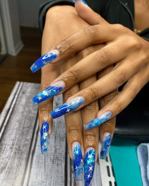 Sparkling Stars On Blue Nails Women