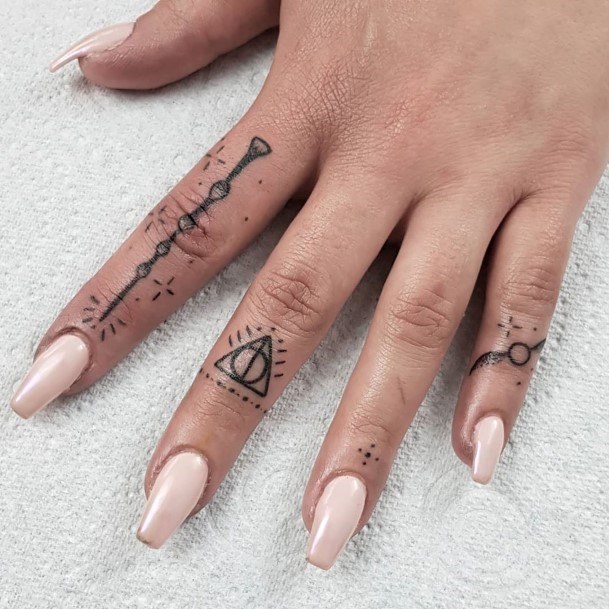 Sparkling Stone And Nail Tattoo Womens Fingers
