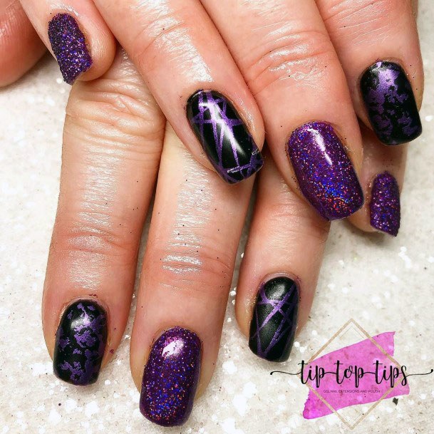 Sparkling Stylish Purple And Black Round Yip Nail Design For Girls