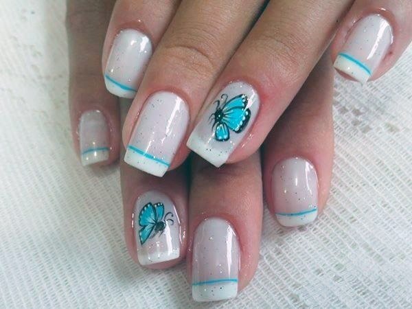 Sparkling White Nails With Blue Butterflies Women