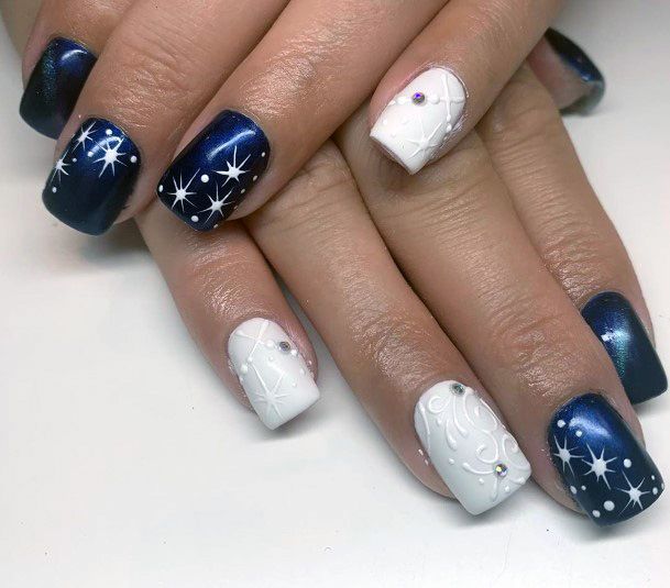 Sparkling White Stars And Rich Blue Painted Nails Women