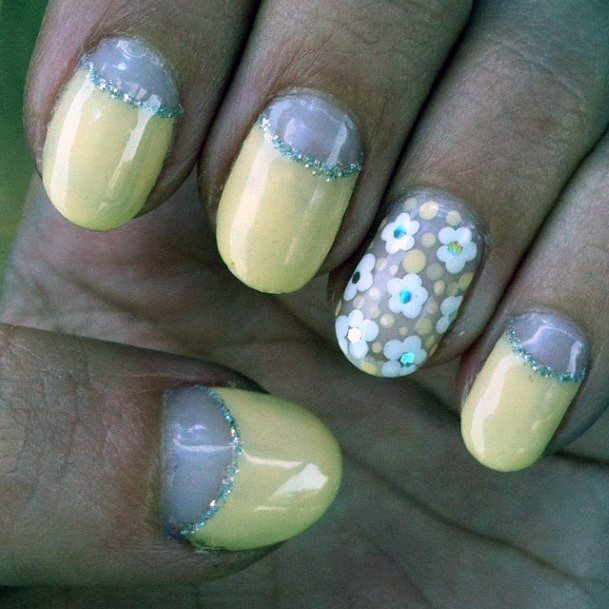 Sparkly Cuticle And Flowers Pale Yellow Nails For Women