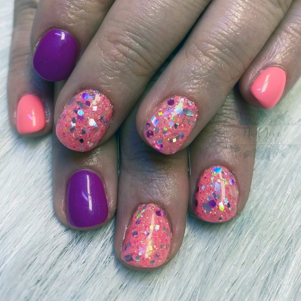 Sparkly Glitter Pink Glossy Purple Girly Nail Inspiration Short