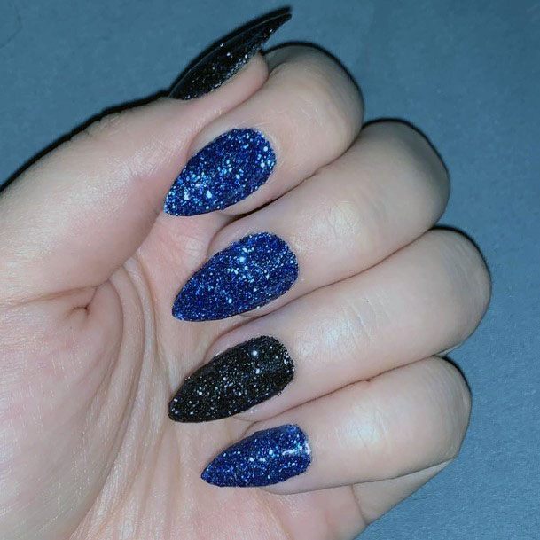 Sparkly Glittery Black And Blue Elegant Almond Nail Design For Women