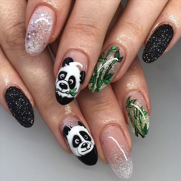 Sparkly Green And Black Panda Nails