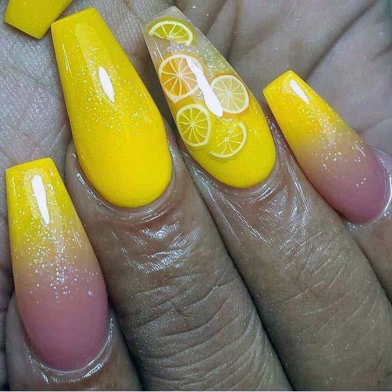 Sparkly Juicy Bright Lemon Yellow Nails For Women