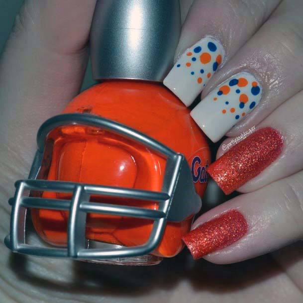 Sparkly Orange And Blue Dotted Nails For Women