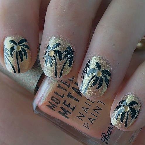 Sparkly Yellow Black Palm Tree Nail Ideas For Ladies