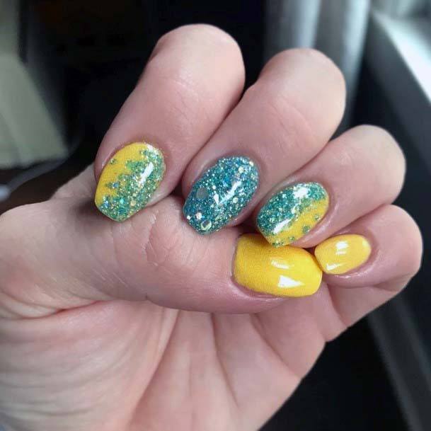 Spectacular Blue And Yellow Glitters Summer Design Nails