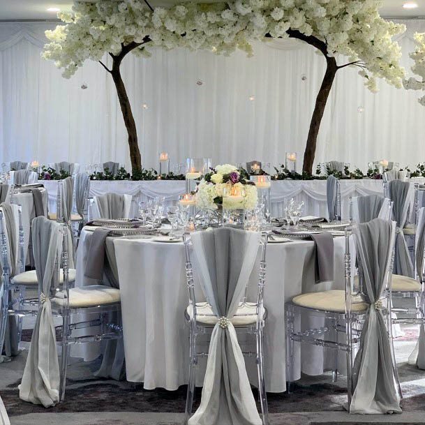 Spectacular Silver Silk Curtain Decorations For Wedding Reception Chairs