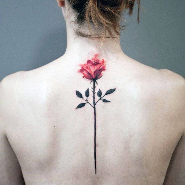 Spine Tattoo Womens Single Red Rose Art