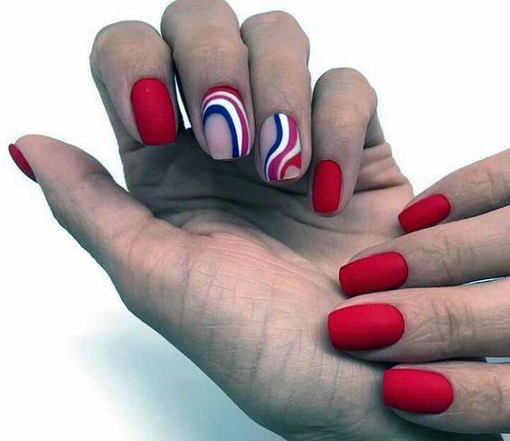 Spiral Art Accent And Bright Red Nails For Women