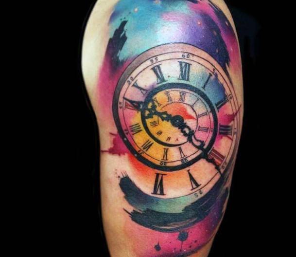 Spiral Clock Colored Tattoo Womens Arms