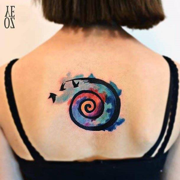 Spiral Dark Water Color Tattoo Womens Back