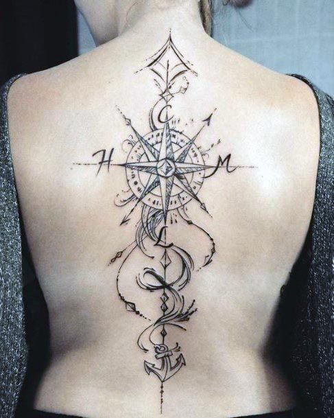 Spiral Design Compass Tattoo Womens Back