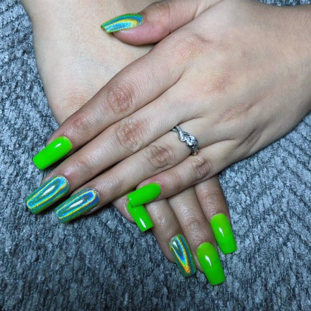 Spiral Rainbow Accent Lime Green Nails