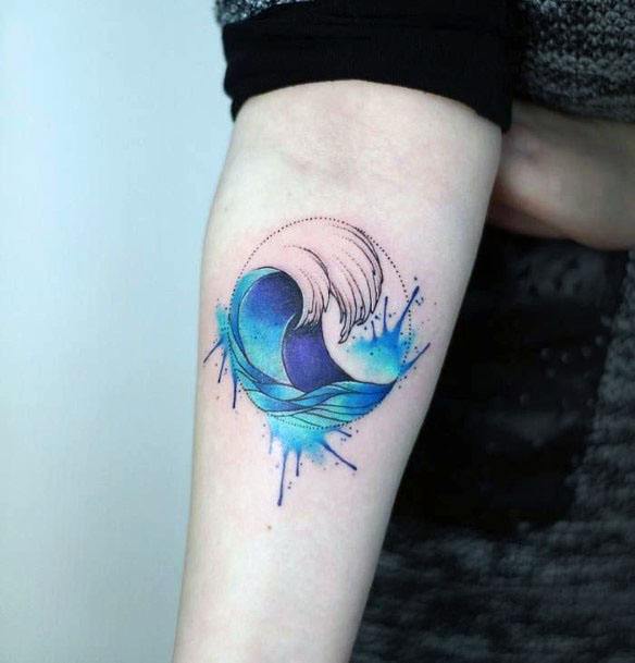 Splashing Blue Waves Tattoo Womens Arms