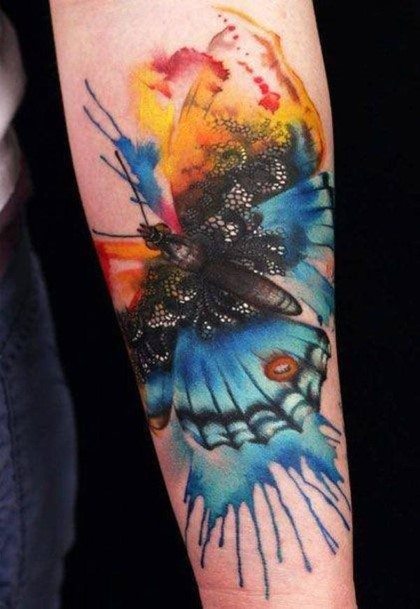 Splashy Colored Butterfly Tattoo Womens Forearms