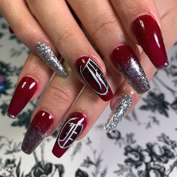 Splattered Silver On Red Nail Design Women