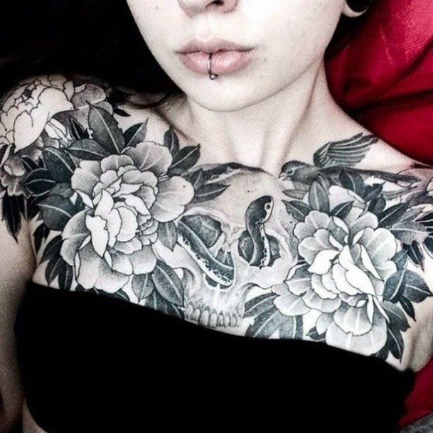 Splattering Of Flowers Womens Chest Tattoo