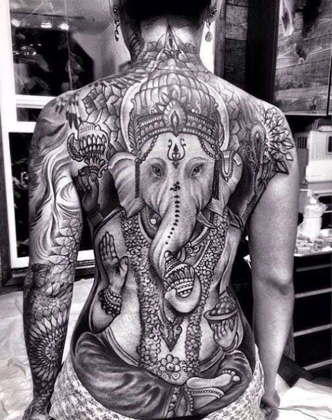 Splendid Black Elephant Tattoo Womens Back