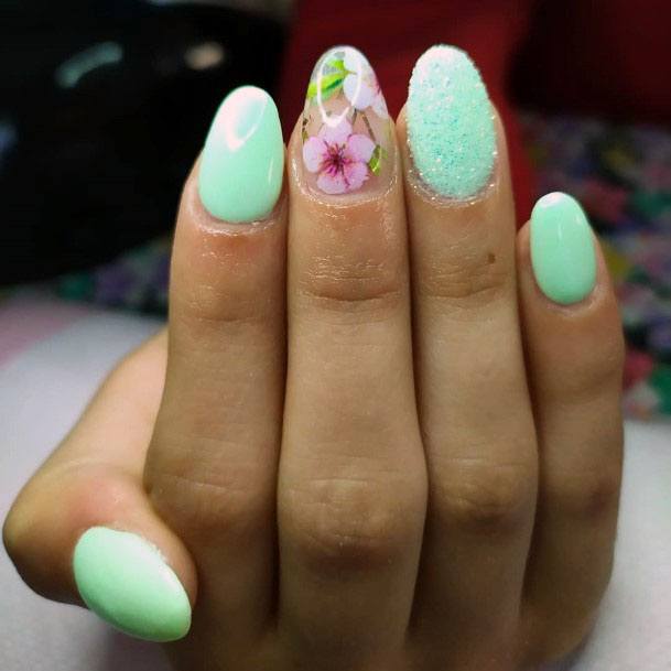 Splendid Mint Nails With Floral Design For Women