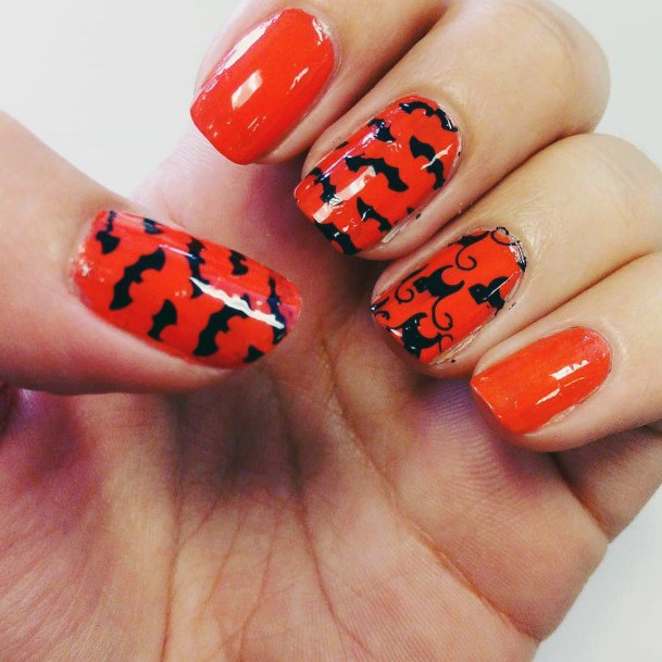 Spooky Bat And Cat Orange Black Nail Design Girly Halloween