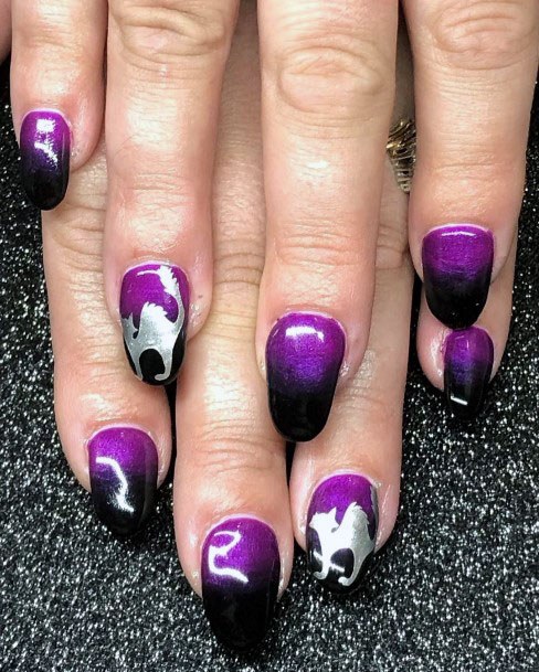 Spooky Cute Halloween Cat Black And Purple Glossy Nail Design For Girls