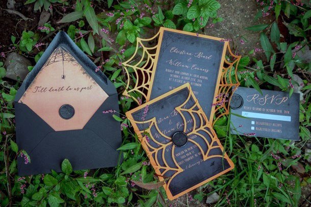 Spooky Halloween Spider Web Wedding Invitations Ideas Black Orange