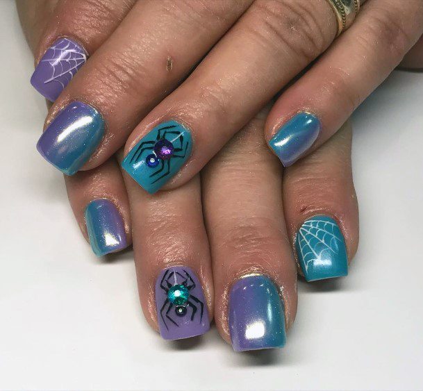 Spooky Spider Design Blue And Purple Nails White Spiderweb Halloween For Women