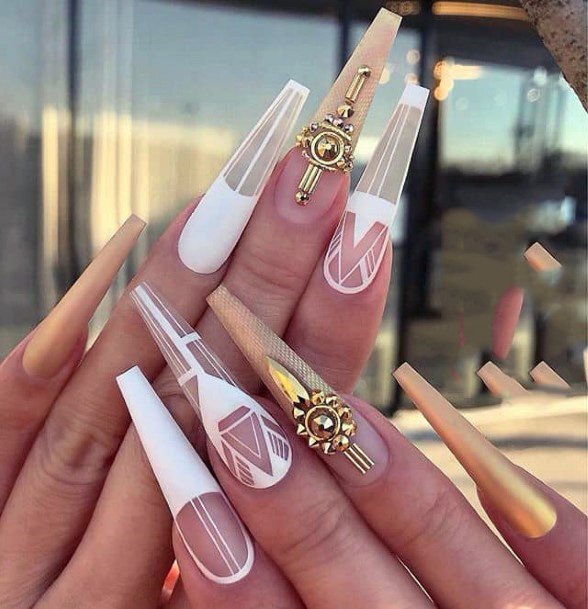 Sporty White And Gold Nail Art