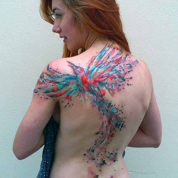 Spray Painted Bird Tattoo Womens Back