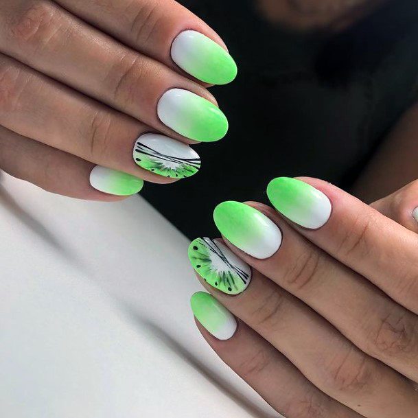 Spray Painted Green And White Kiwi Nails Women