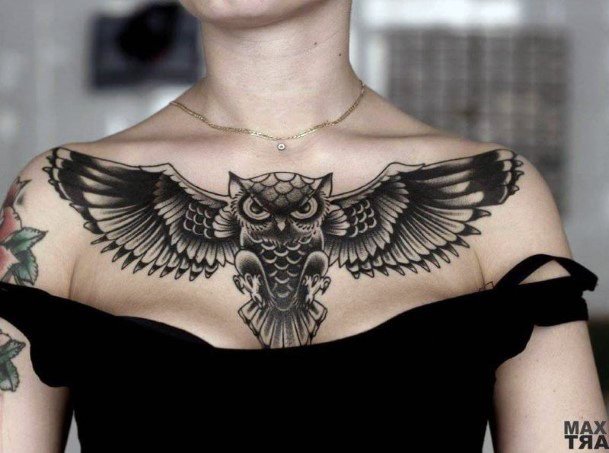 Spread Out Owl Tattoo Womens Chest
