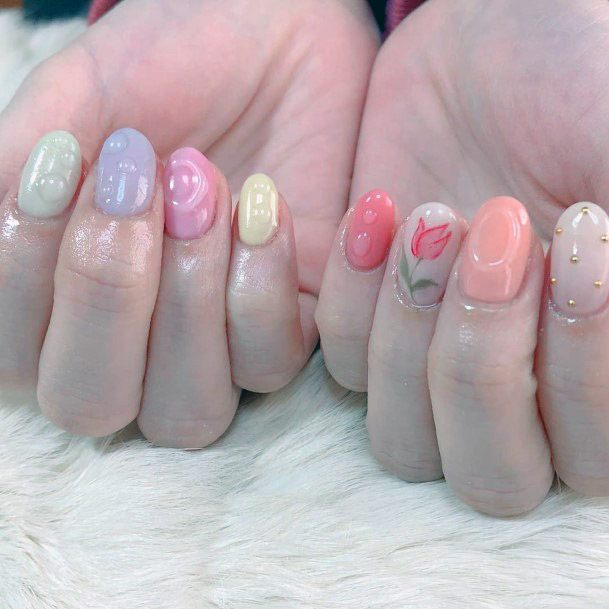 Spring Pastel Shades And Tulip On Nail Women