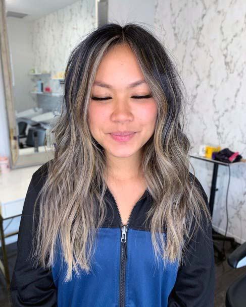 Square Faced Girl With Ash Highlighted Long Wave Hairstyle