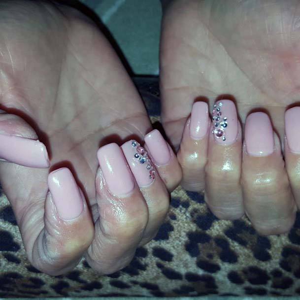 Square Light Pink Nails With Rhinestones