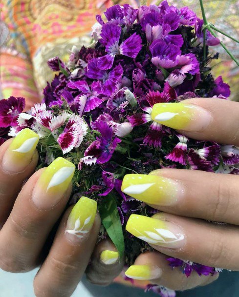 Square Nails Yellow Ombre With White Art Women