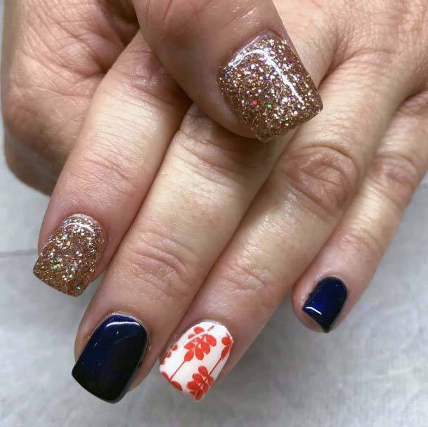 Square Short Blue And Orange Flower Nails For Women