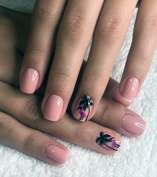 Square Small Pink Nails Flamingo Tree Women