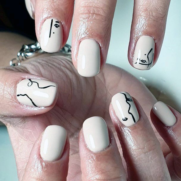 Squiggly Black Art On Nude Nails For Women