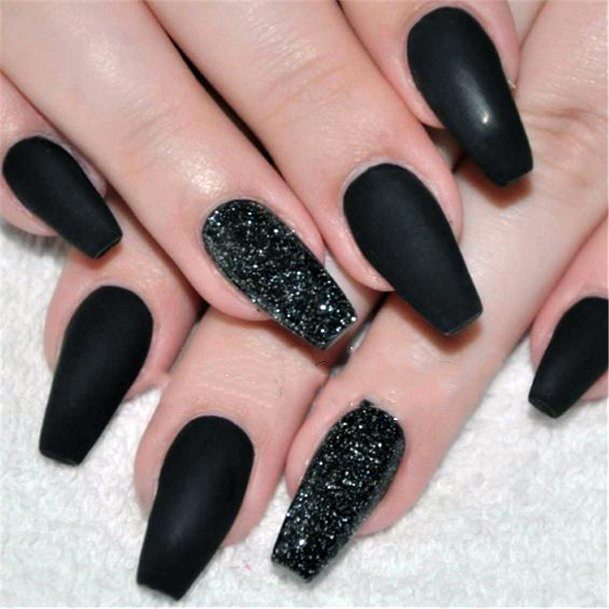 Squoval Black Matte And Shiny Nails For Women