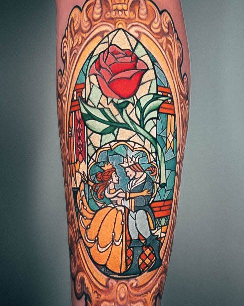 Stained Glass Belle And Prince Forearm Excellent Girls Beauty And The Beast Tattoo Design Ideas