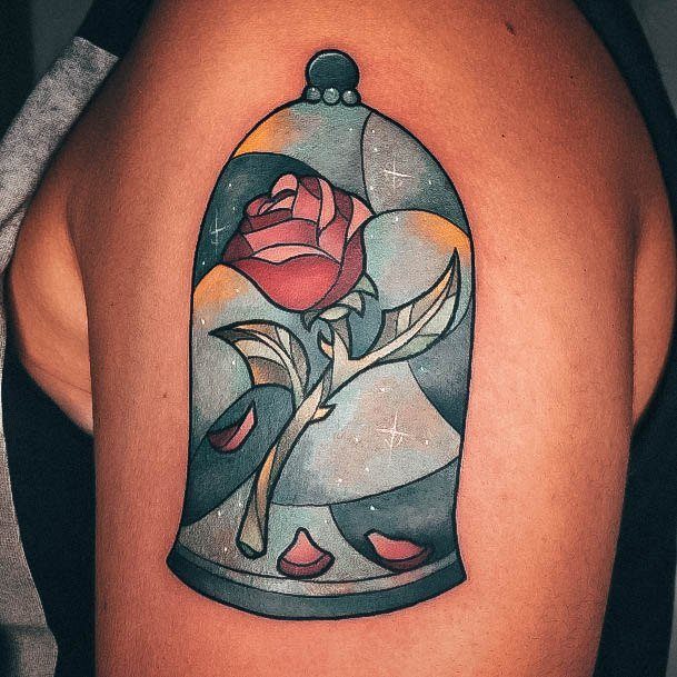 Stained Glass Shoulder Lady With Elegant Beauty And The Beast Tattoo Body Art