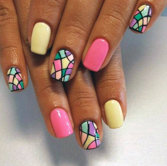 Stained Pink Glass And Pale Yellow Nails For Women