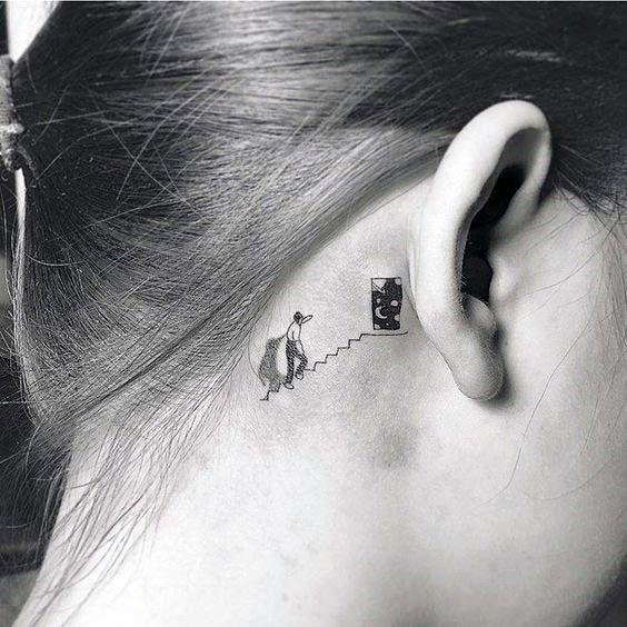 Staircase And Door Tattoo Womens Behind The Ear