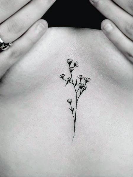 Stalk With Leaves Tattoo Tiny On Womens Chest