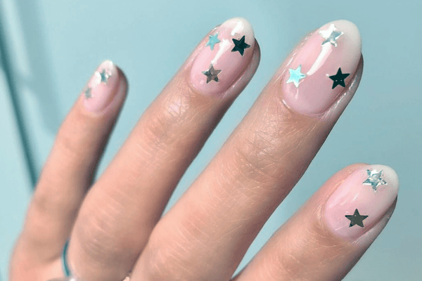 Star Stickers On Transparent Almond Nails
