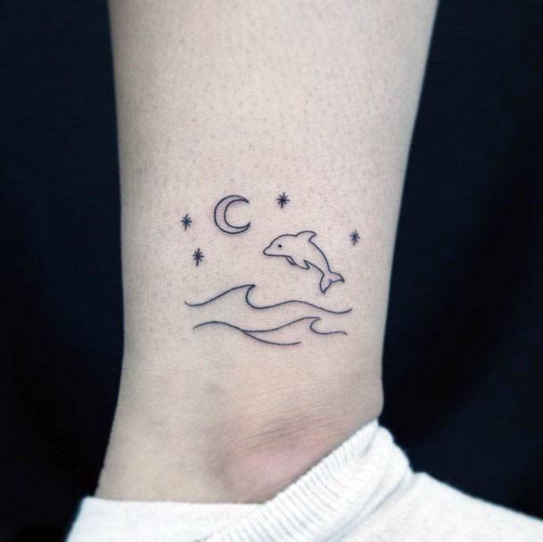 Starry Night With Crescent Fish And Wave Tattoo Womens Ankle